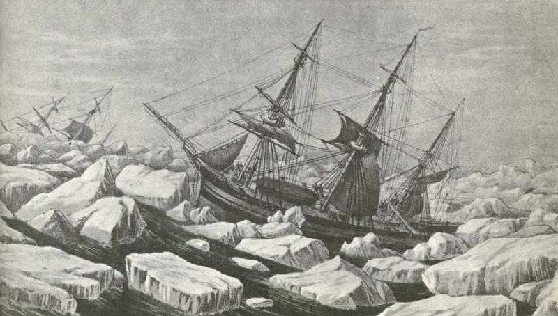 Erebus and Terror am riding out a tempest in packisen wonder Ross second travel 1842 to Antarctic Continent, unknow artist